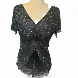 Y2K Beaded Sequin Babydoll Whimsigoth Glam Evening Top Womens Size M Maximalist